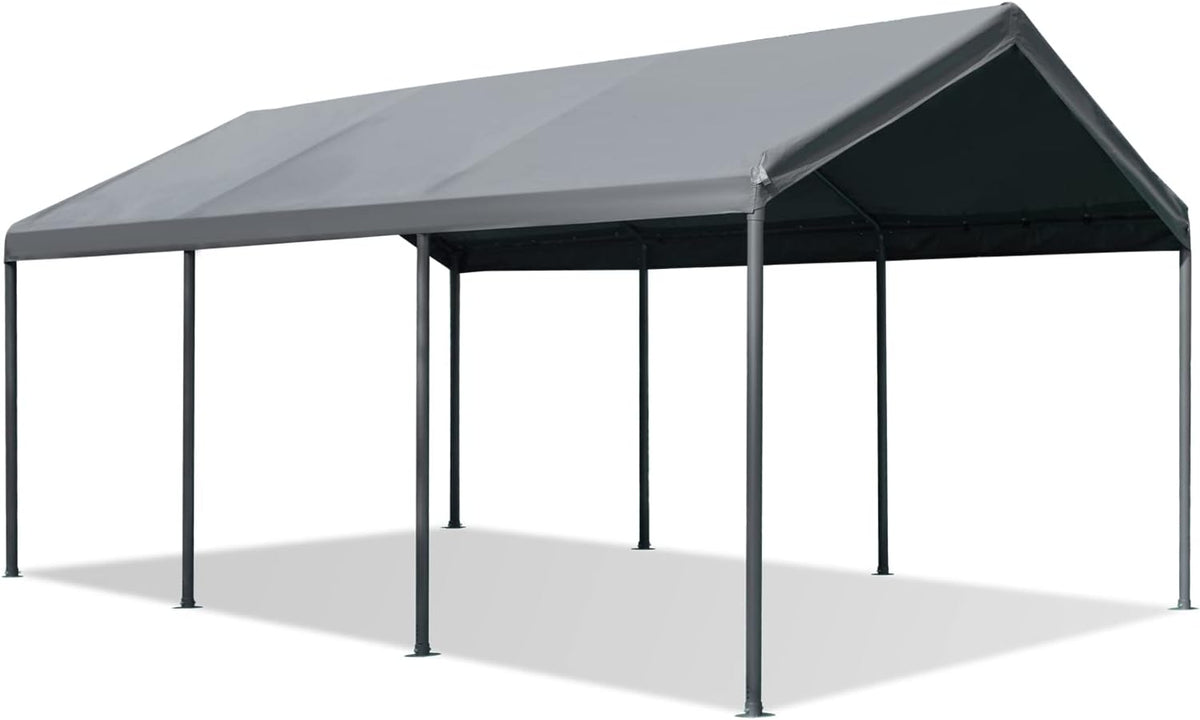 10' x 20' Heavy Duty Carport with Powder-Coated Steel Frame and 180g PE Tarp, Gray Z184159