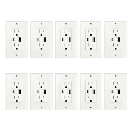 10pk Type C & Type A USB Wall Outlets 15A Tamper Resistant Receptacle Q852