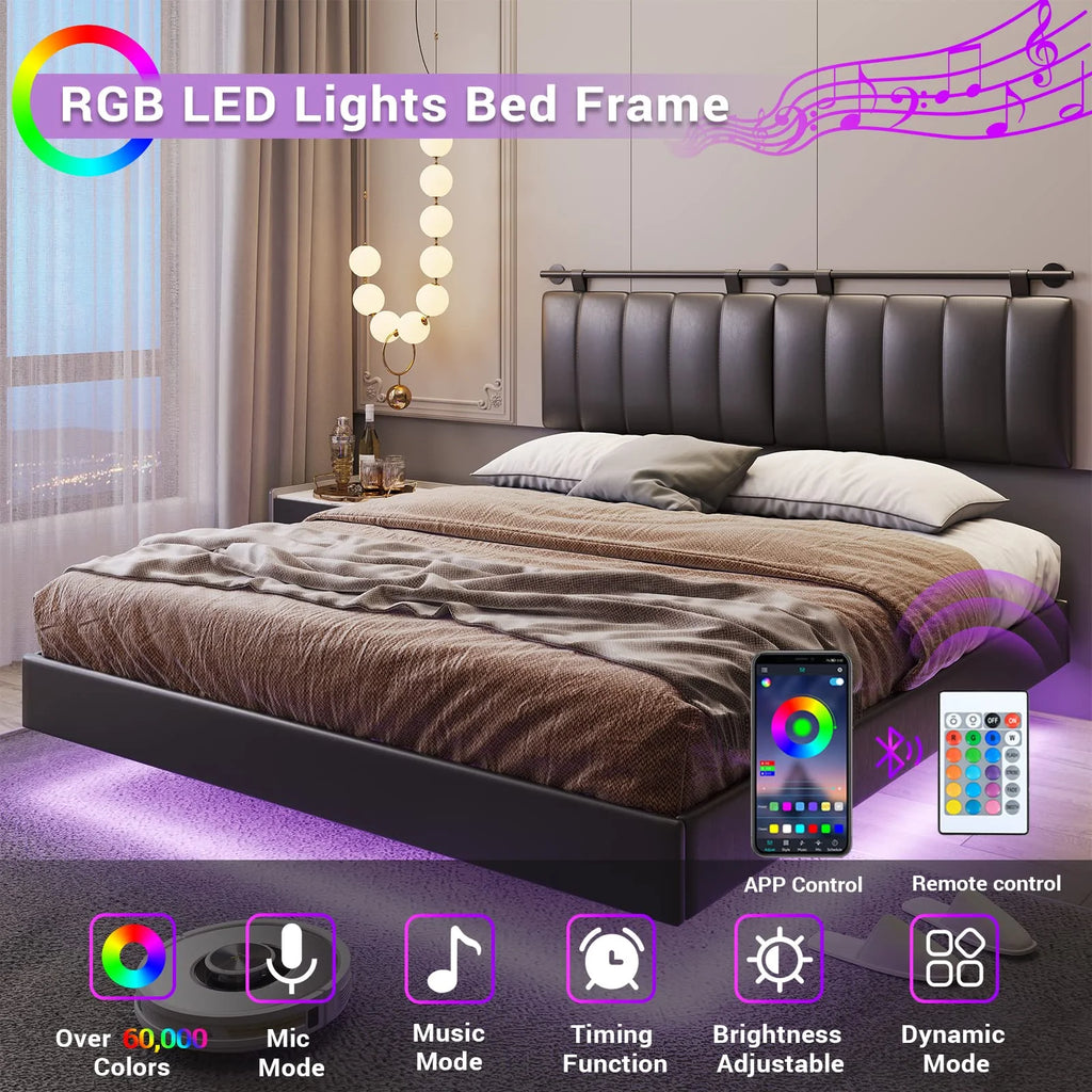 White LED Floating Queen Bed Frame with Wall Mounted Headboard V52148