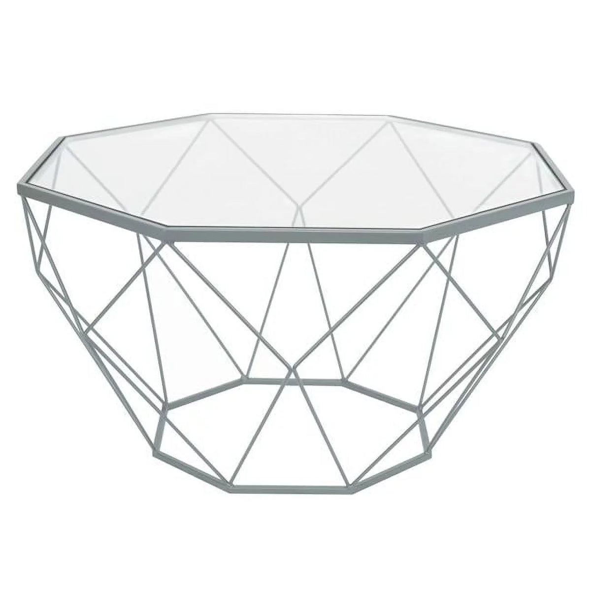 Large Modern Octagon Glass Top Coffee Table with Geometric Base, Grey J2141