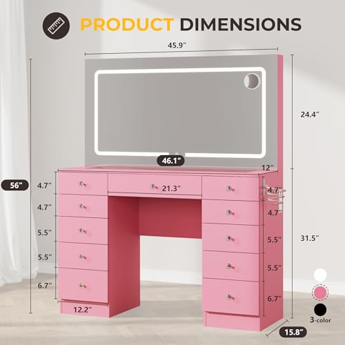 White 11 Drawer Vanity Desk with Mirror and Lights A4101
