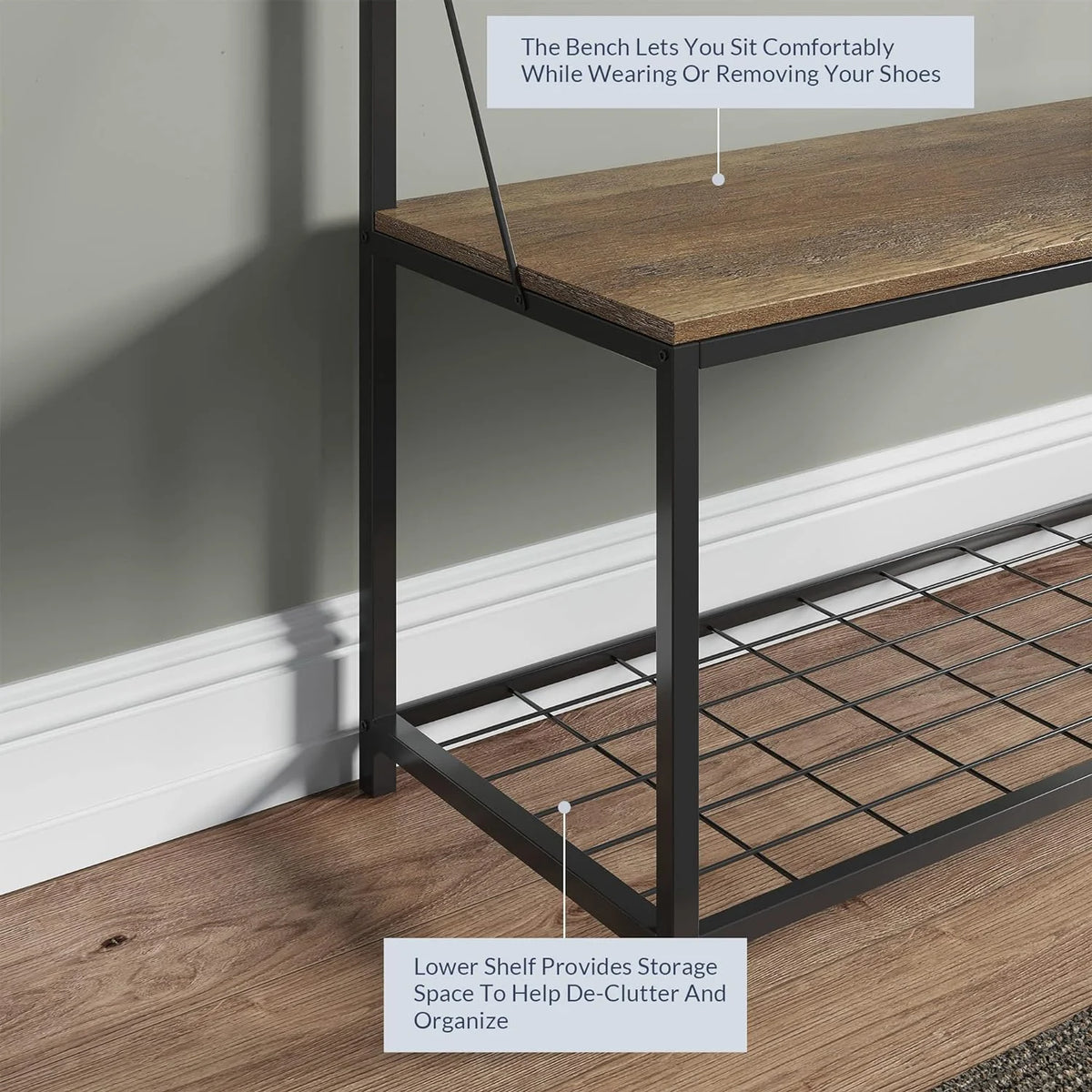 Industrial Entryway Storage Bench Shoe Rack with Black Metal Frame F5093