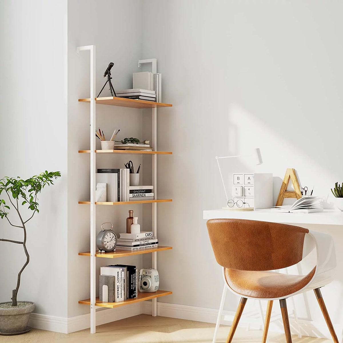 Wall-Mounted 5-Tier Bookshelf with Metal Frame J9333