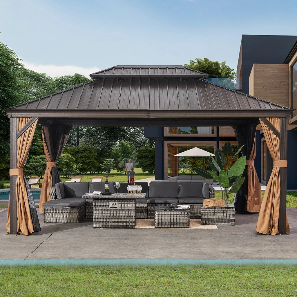 10'x12' Hardtop Aluminum Gazebo with Curtains and Netting T4136