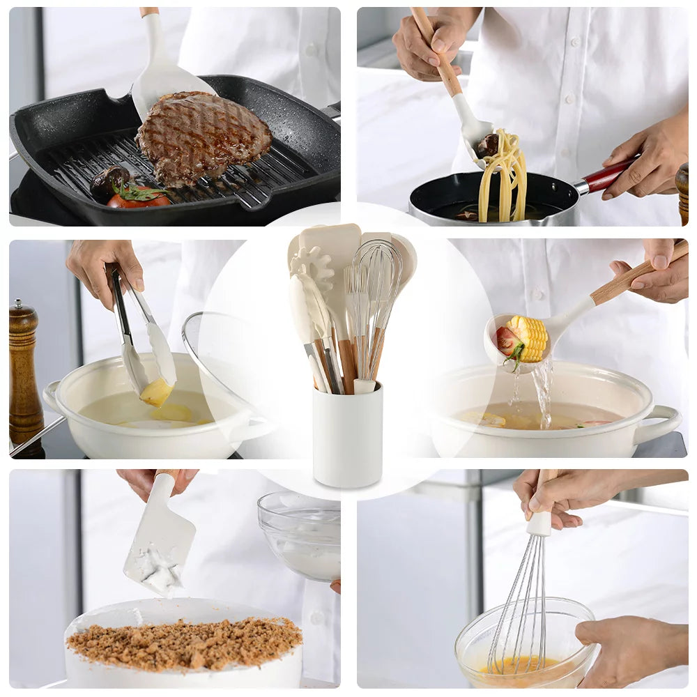 10 PCS Silicone Utensil Set Wooden Handle C353