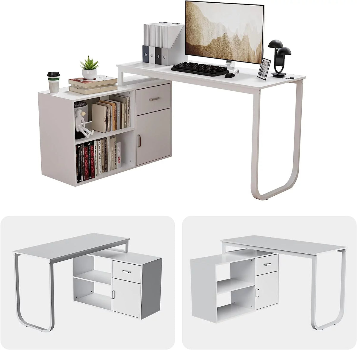 White L-Shaped Computer Desk with Drawer and 2 Shelves G97749