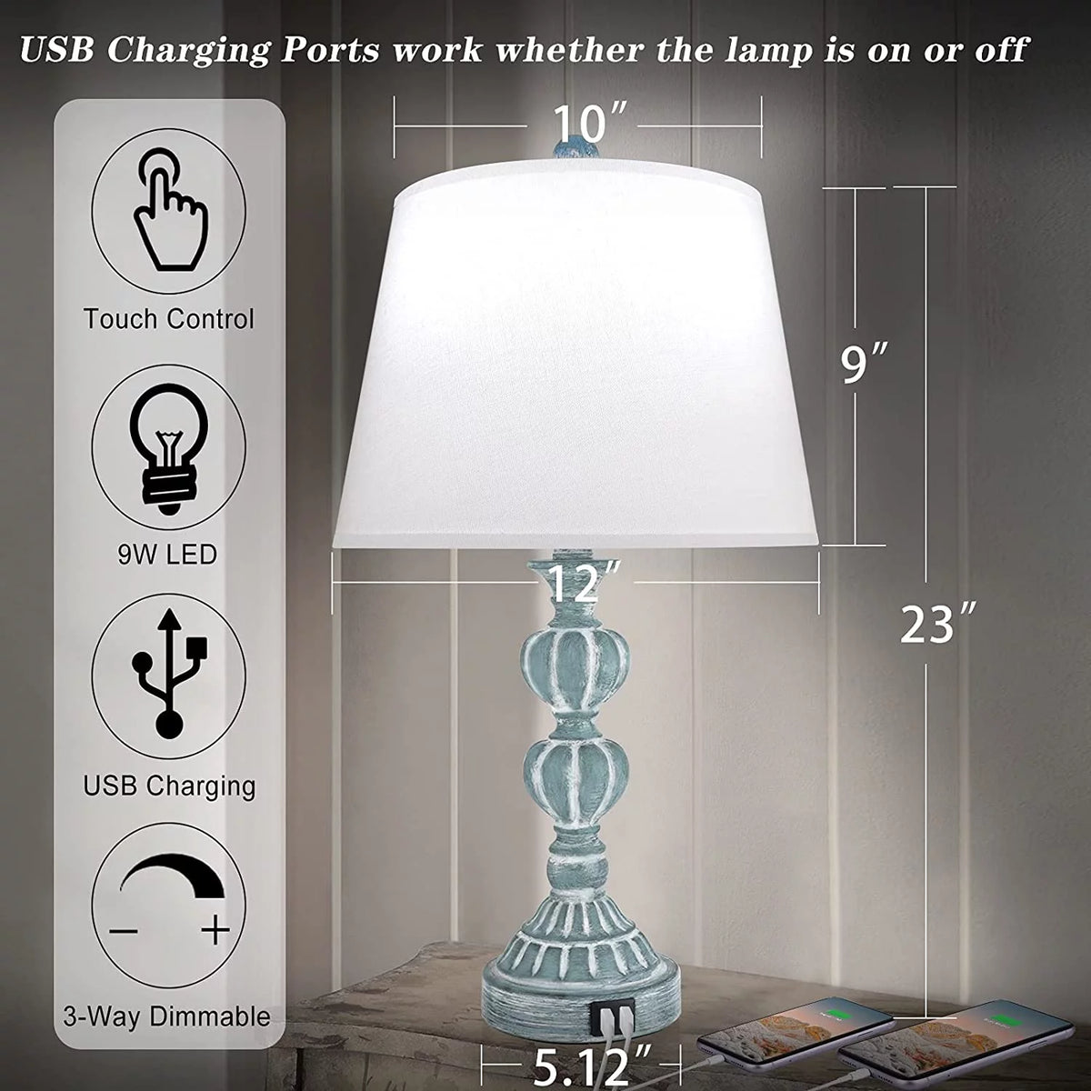 Touch Control Table Lamp Set of 2, 3-Way Dimmable Blue X5630