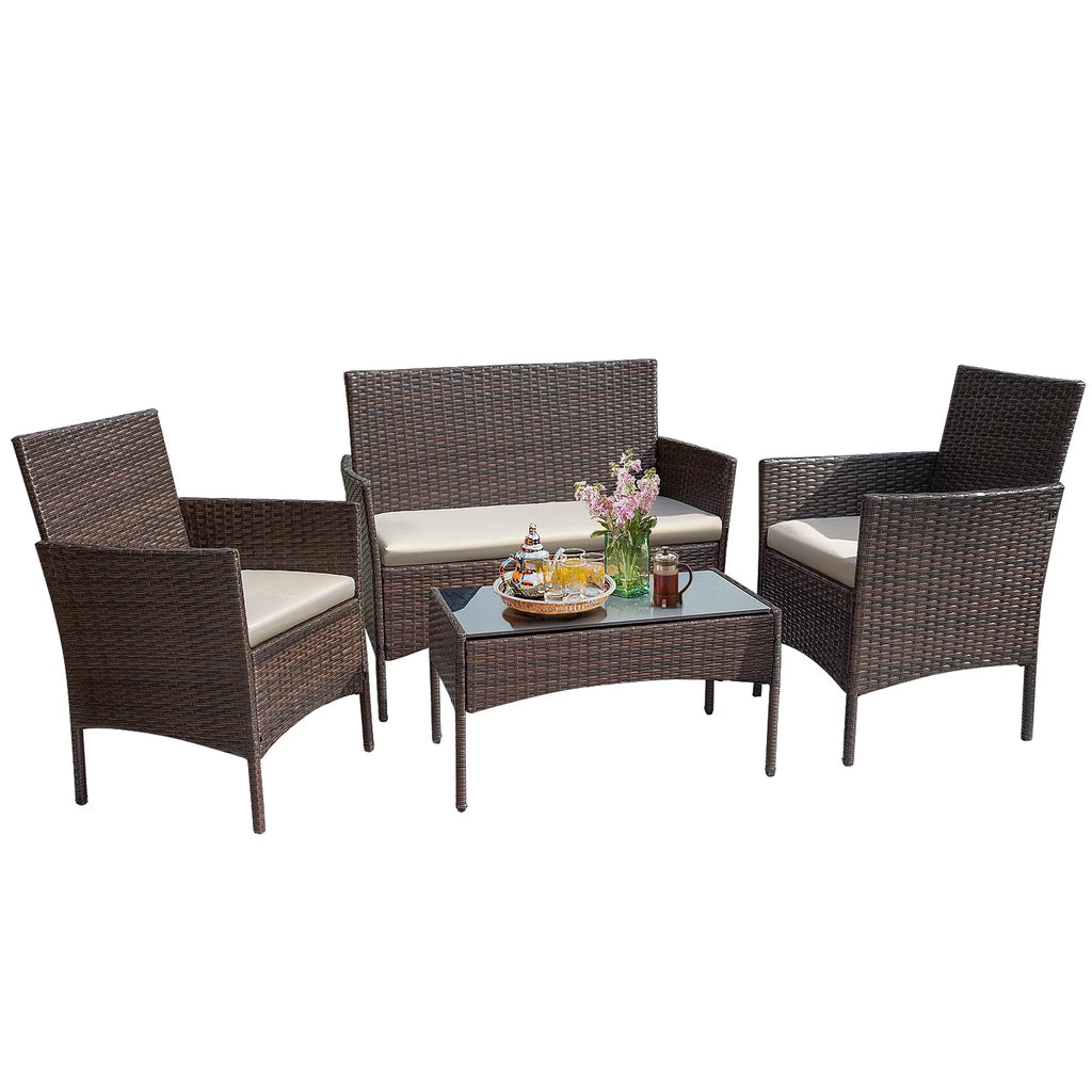 4 Pieces Brown PE Rattan Patio Conversation Set L324068