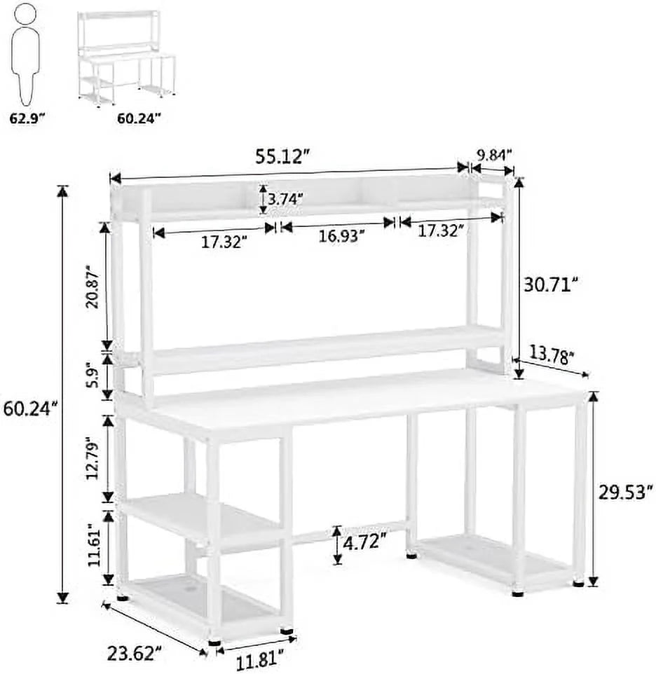 55 Inches White Computer Desk with Hutch and Shelves S259