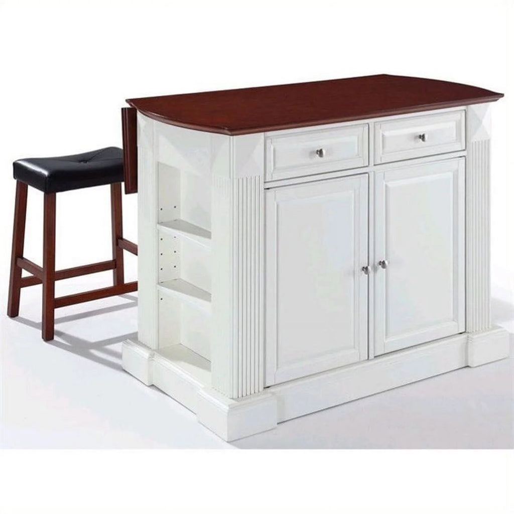 White Wood Drop Leaf Kitchen Island with Stools M985