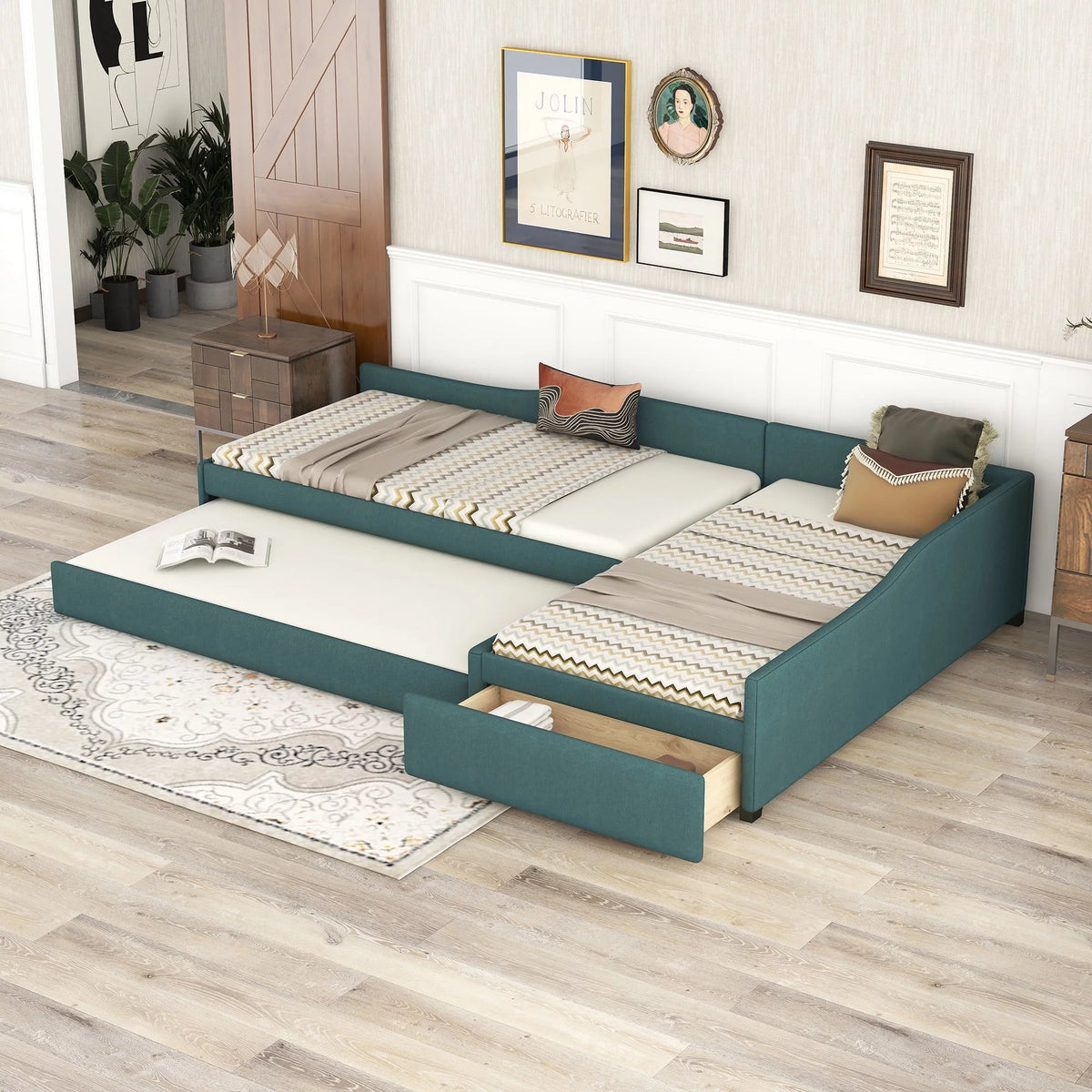 Green Upholstered Twin Size Daybed with Trundle and Drawer J28167