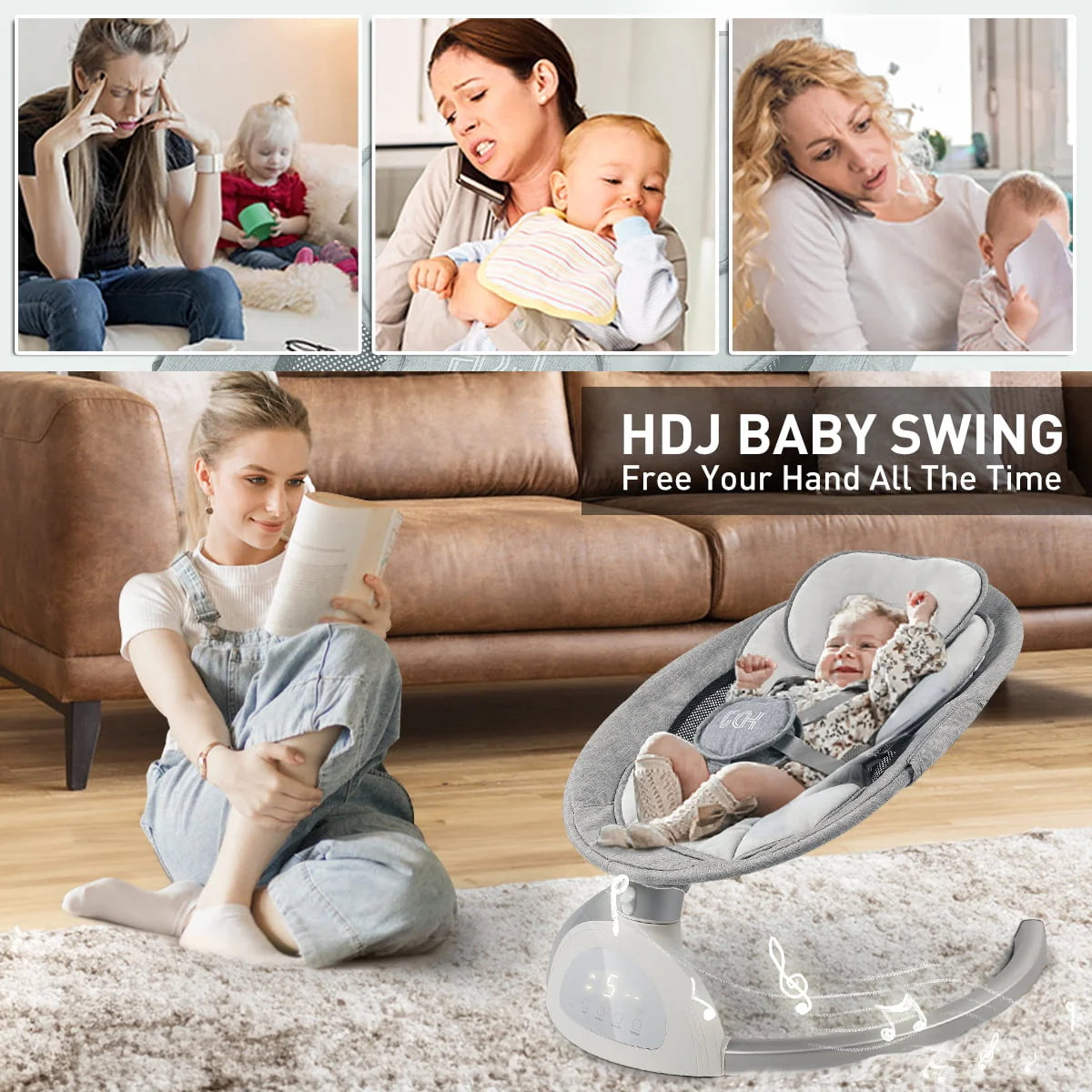 Electric Baby Swing with Music, Touch Screen, Grey D111