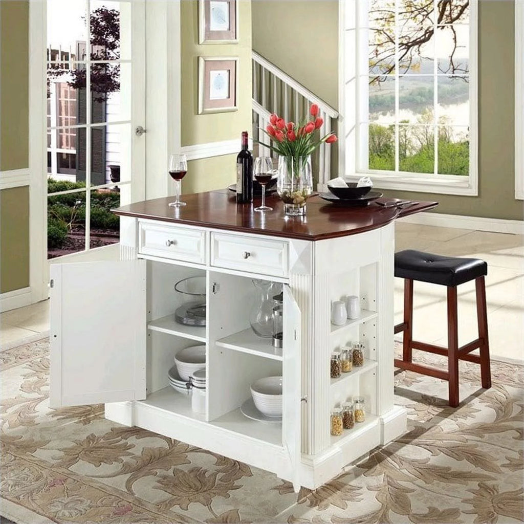 White Wood Drop Leaf Kitchen Island with Stools M985