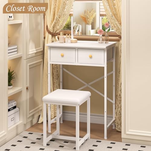 White Compact Vanity Desk with Mirror and Chair P734639