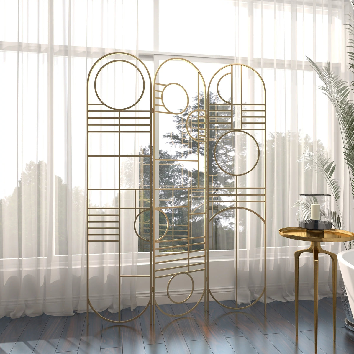 Metal 3 Panel Room Divider Screen with Geometric Pattern E6678
