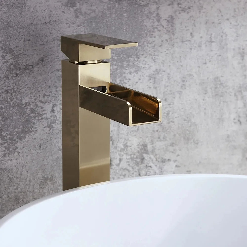 Brushed Gold Single Handle Waterfall Bathroom Vessel Sink Faucet V28697