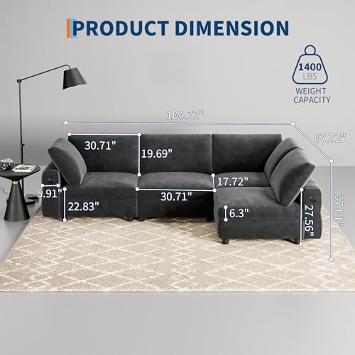 106" Grey Velvet L-Shaped Sectional Sofa with Chaise W252532