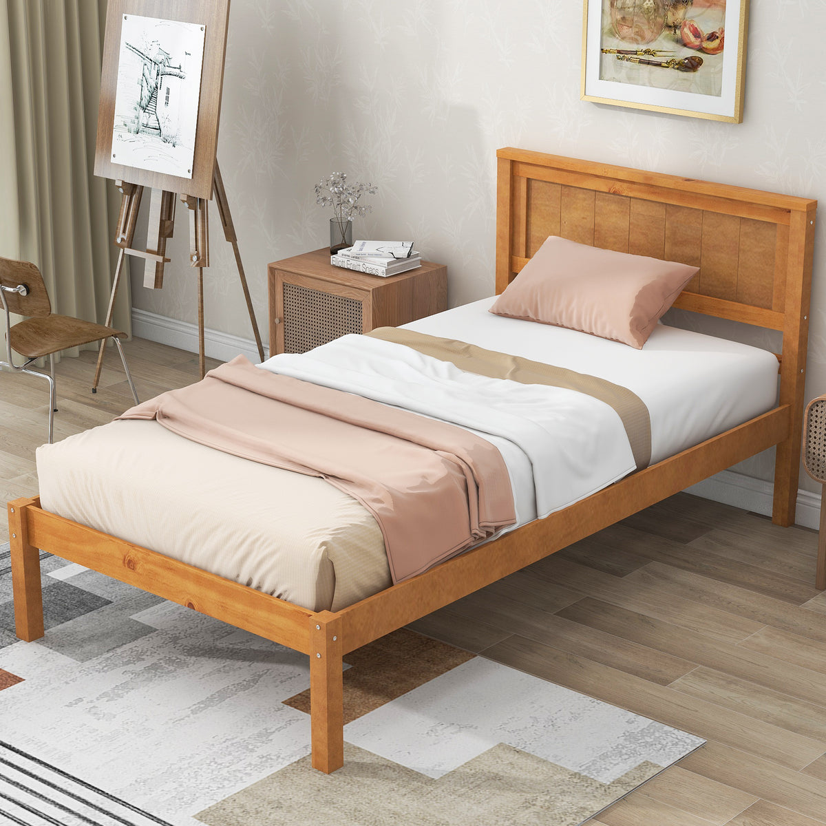 Twin Platform Bed Frame with Headboard and Wood Slat Support M9054