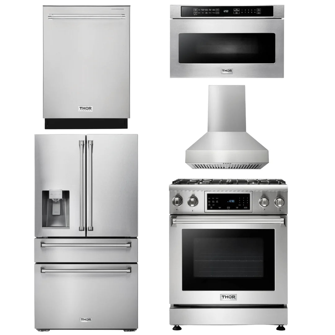 30 Gas Range, Range Hood, Microwave, Refrigerator with Water and Ice Dispenser, Dishwasher J434967