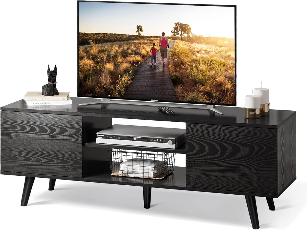 Black TV Stand with Storage Cabinets & Open Shelf U245