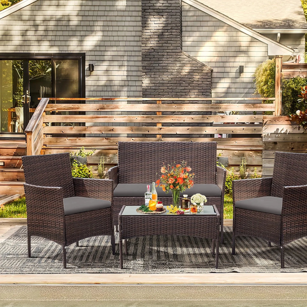 4 Pieces Brown PE Rattan Patio Conversation Set L324068