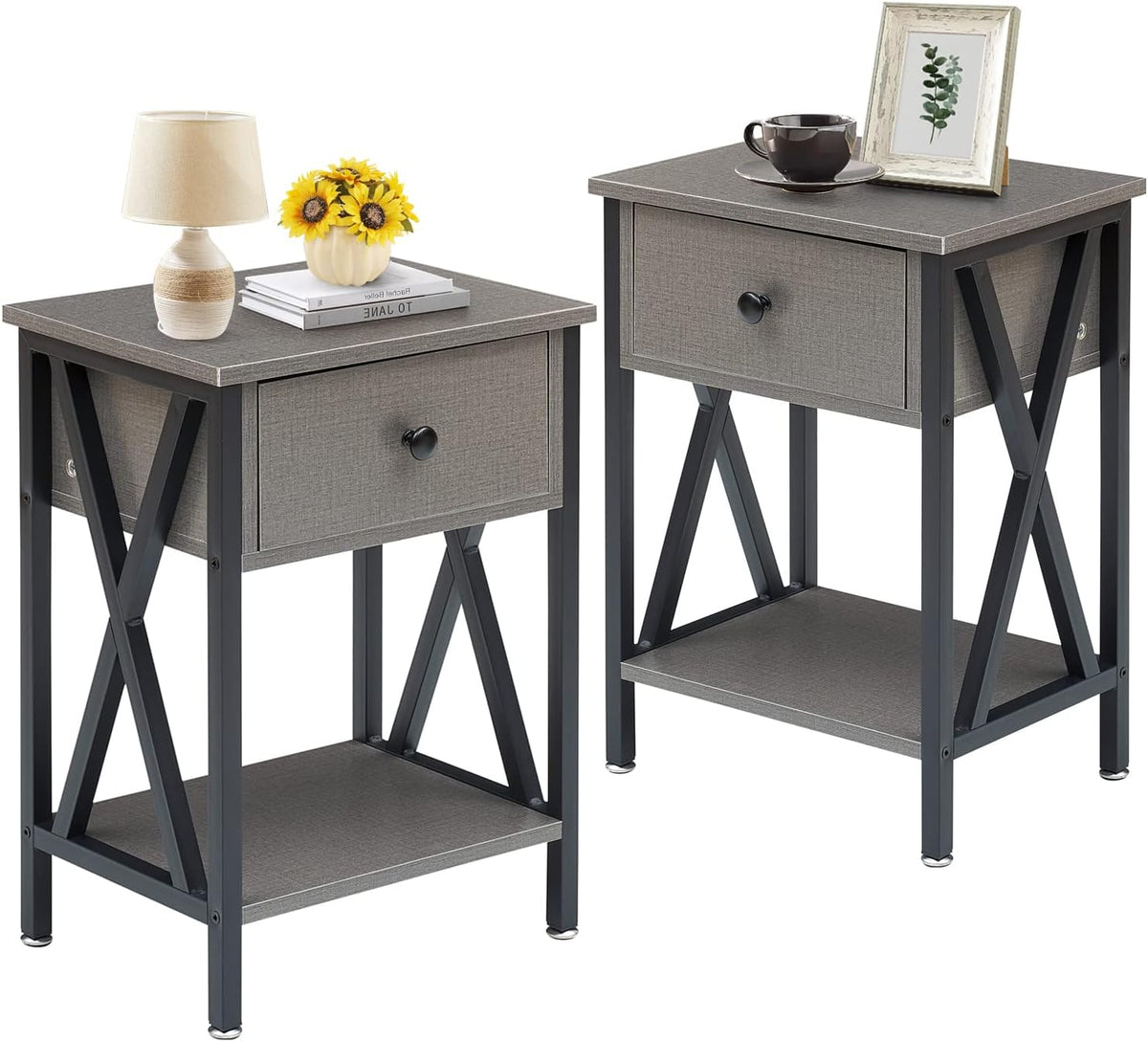 Set of 2 Antique Black Side Table with Storage Cabinet M18560
