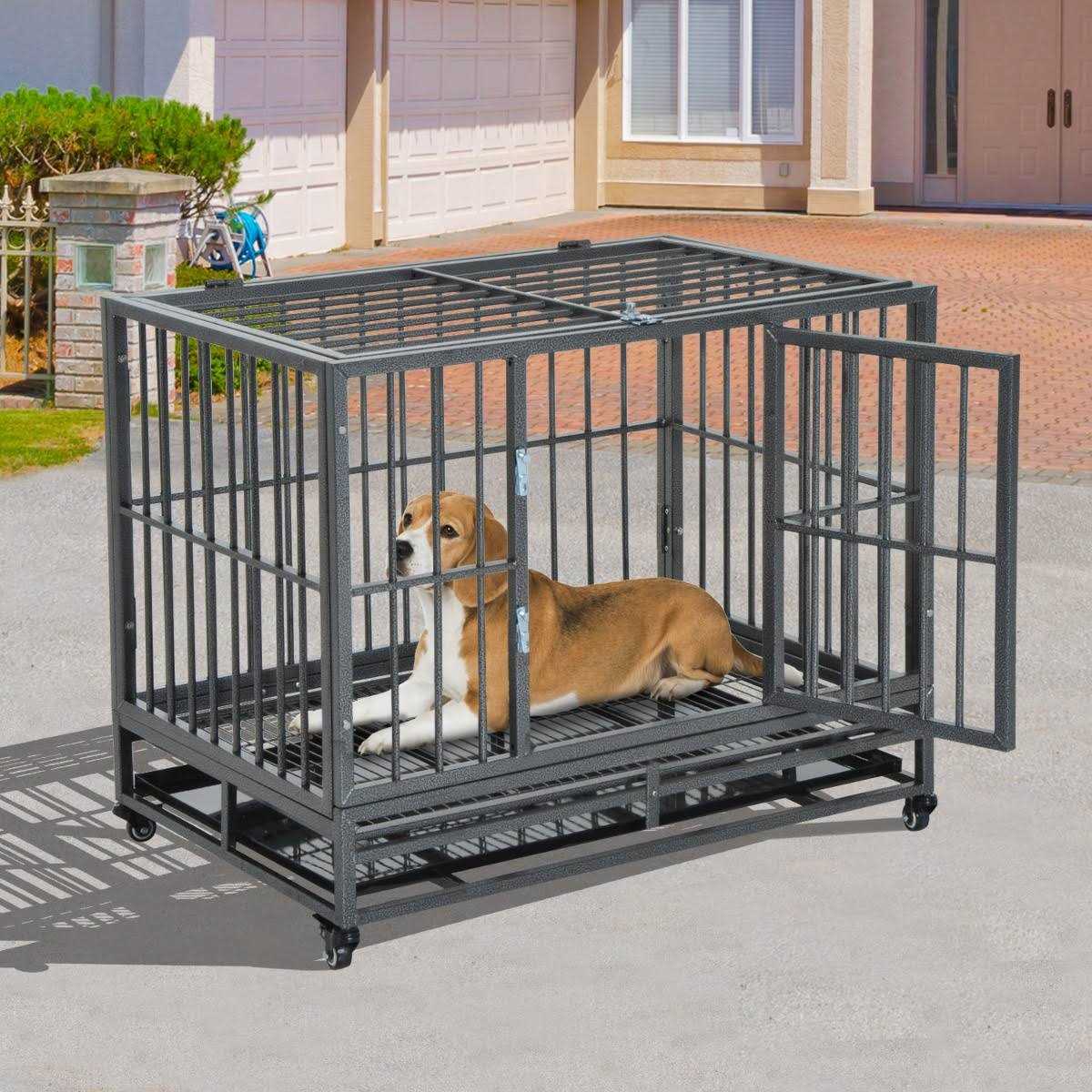Heavy Duty Dog Crate Metal Cage Kennel with Lockable Wheels Q745383