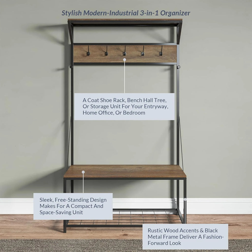 Industrial Entryway Storage Bench Shoe Rack with Black Metal Frame F5093