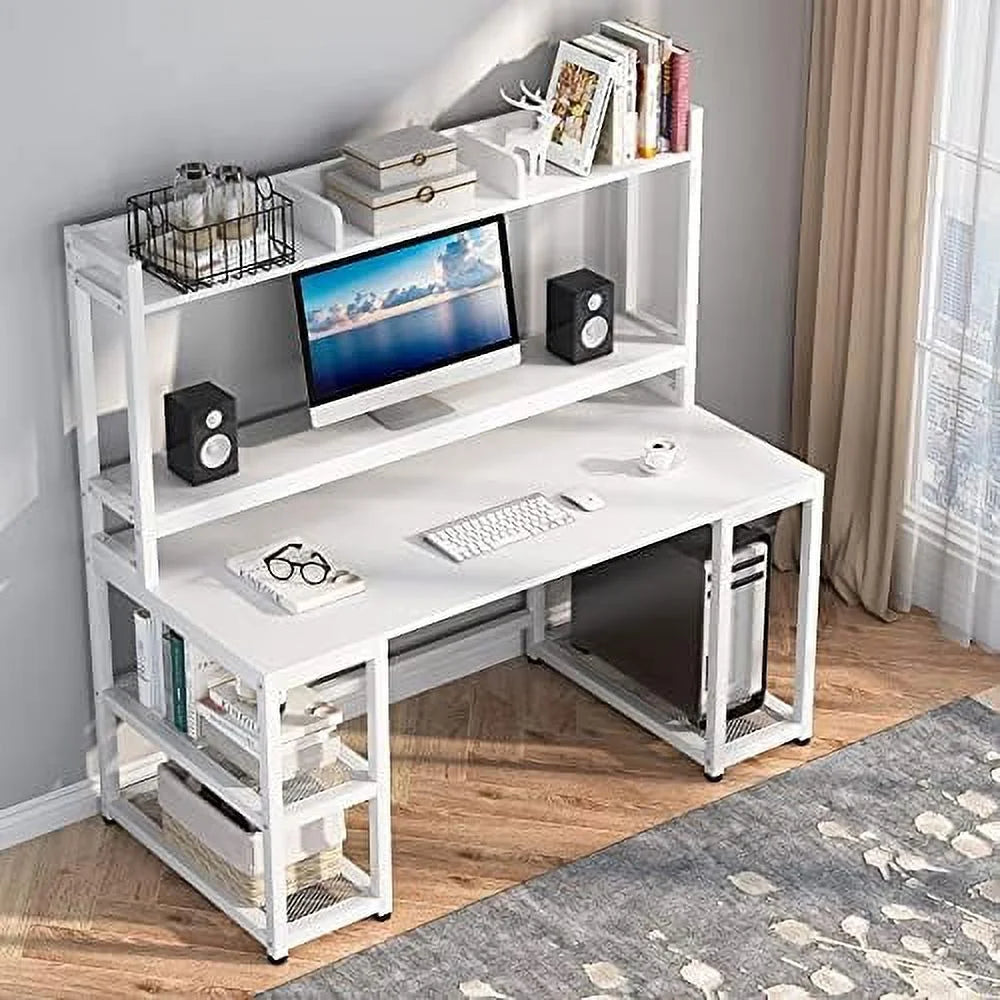 55 Inches White Computer Desk with Hutch and Shelves S259