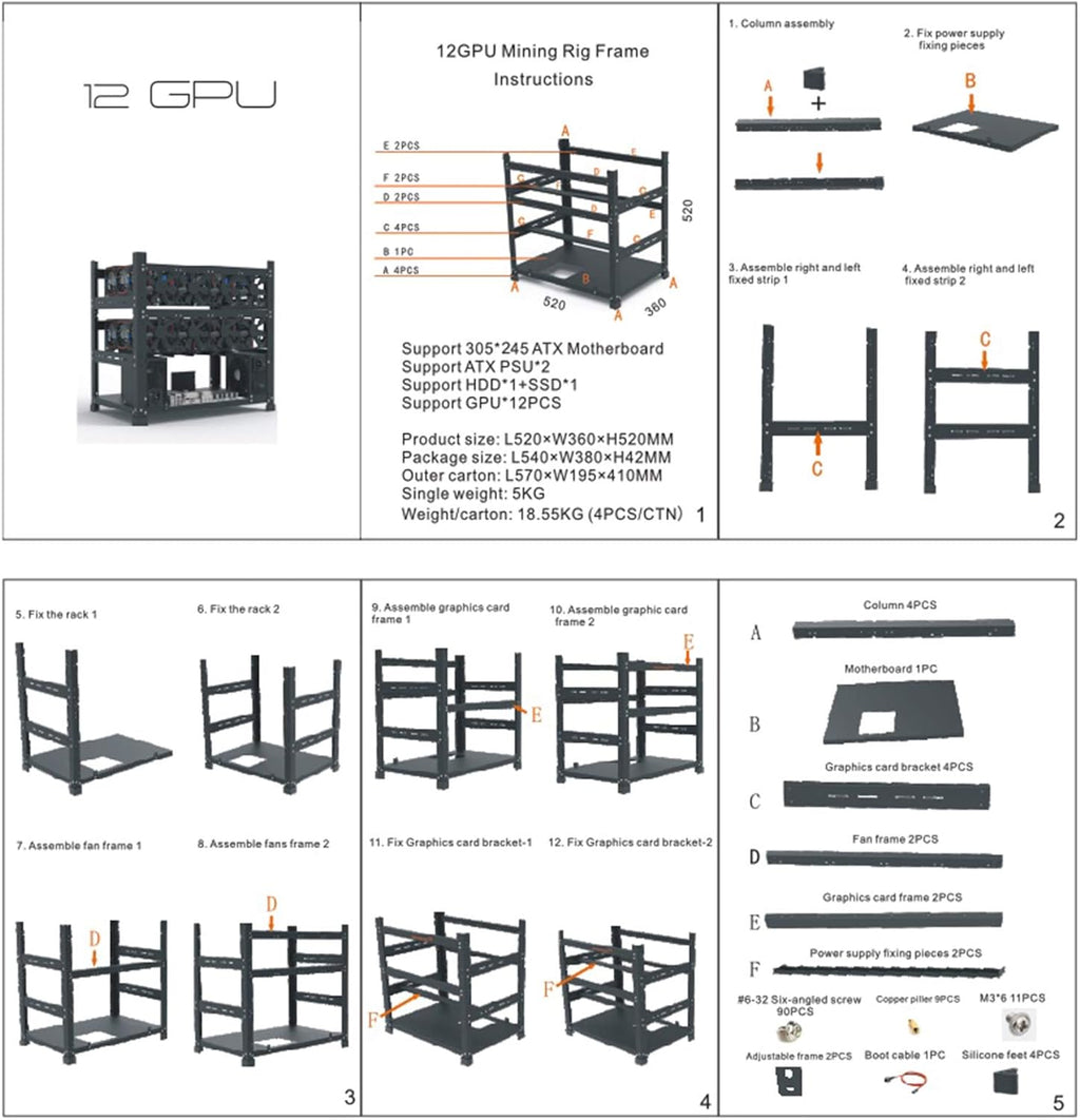 Mining Rig Frame for 12 GPU Open Mining Case Rack Z618310