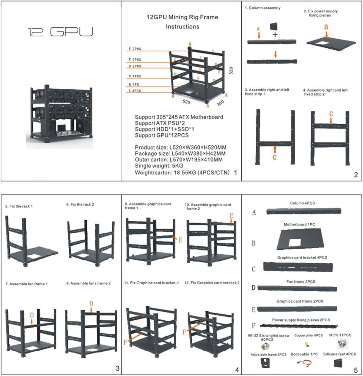 Mining Rig Frame for 12 GPU Open Mining Case Rack Z618310