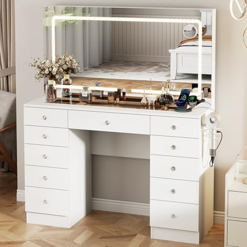 White 11 Drawer Vanity Desk with Mirror and Lights A4101