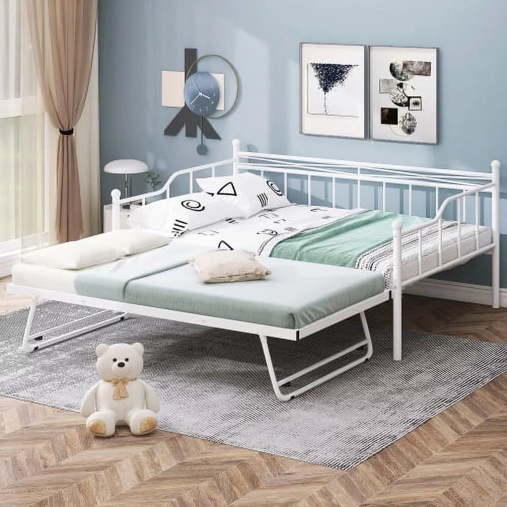 Full Size White Metal Daybed with Twin Size Adjustable Trundle J747