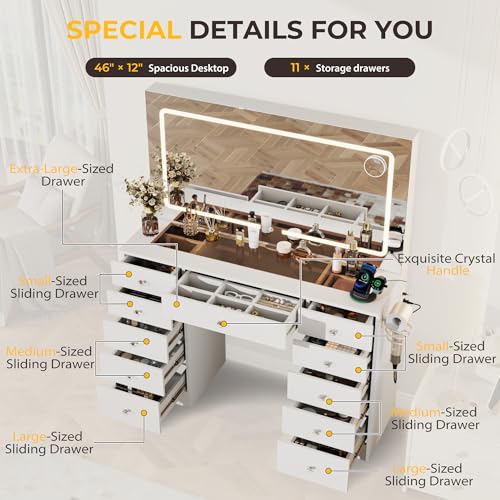 White 11 Drawer Vanity Desk with Mirror and Lights A4101