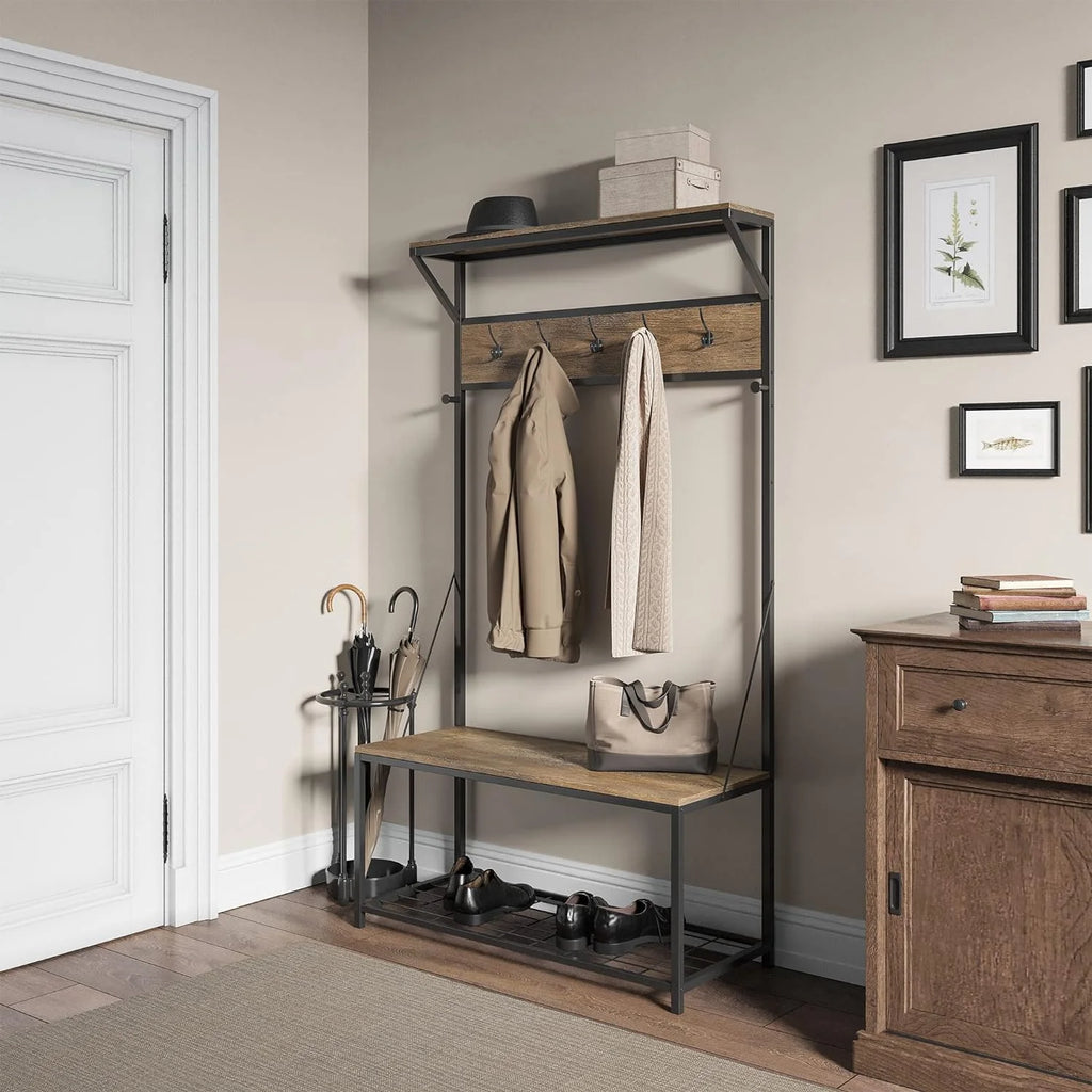 Industrial Entryway Storage Bench Shoe Rack with Black Metal Frame F5093