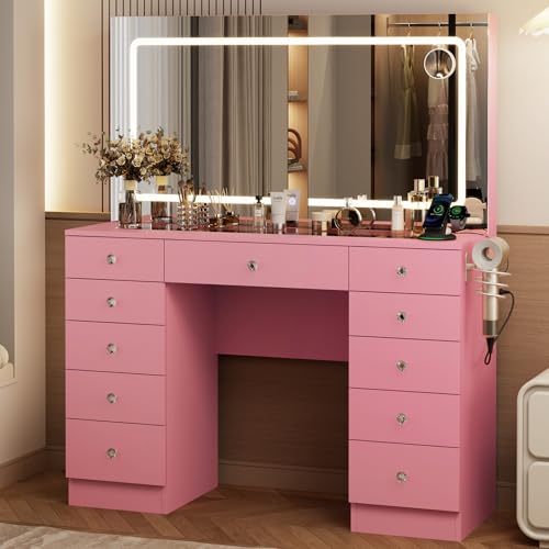 White 11 Drawer Vanity Desk with Mirror and Lights A4101