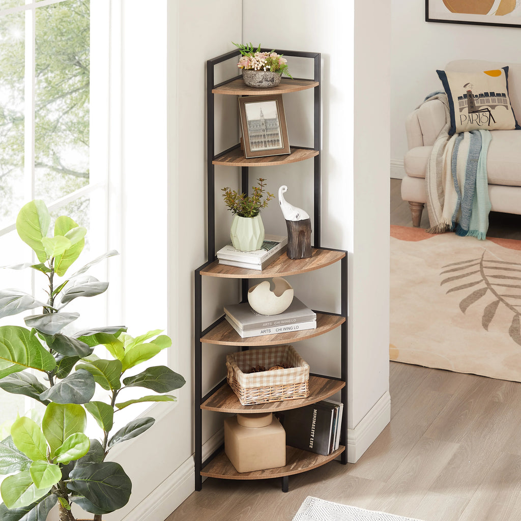 6-Tier Corner Wood Bookcase Rustic Brown X2683