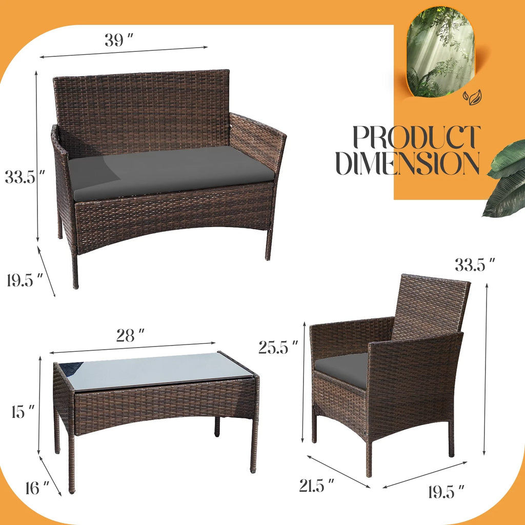 4 Pieces Brown PE Rattan Patio Conversation Set L324068