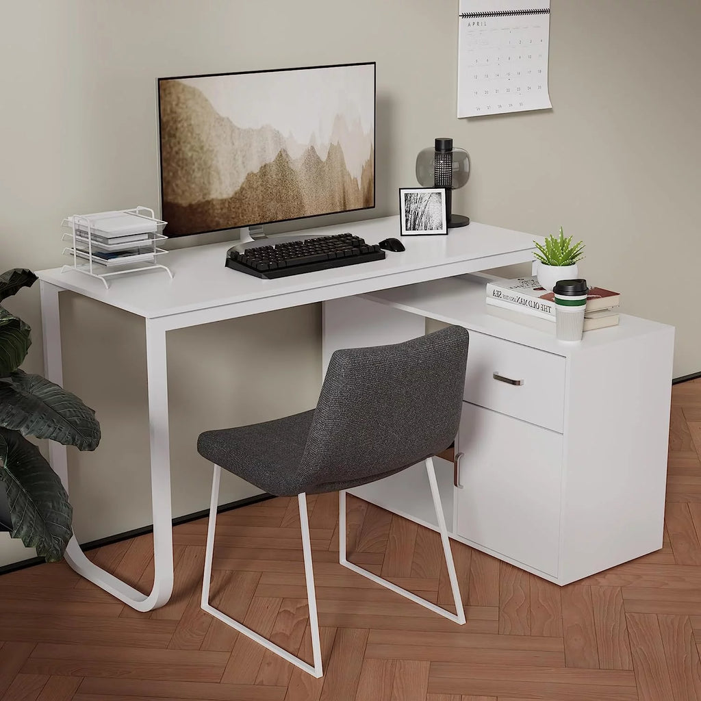 White L-Shaped Computer Desk with Drawer and 2 Shelves G97749
