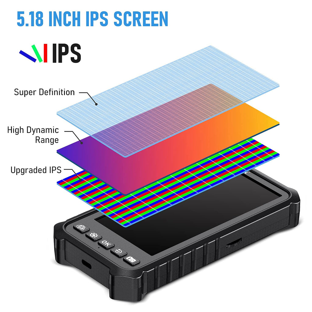 Dual Lens Endoscope Camera 1080P 5.18 IPS Screen 5mm IP67 Waterproof with 7 LED Lights 32GB Card 16.5FT H3738