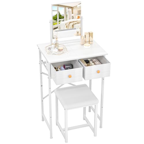 White Compact Vanity Desk with Mirror and Chair P734639