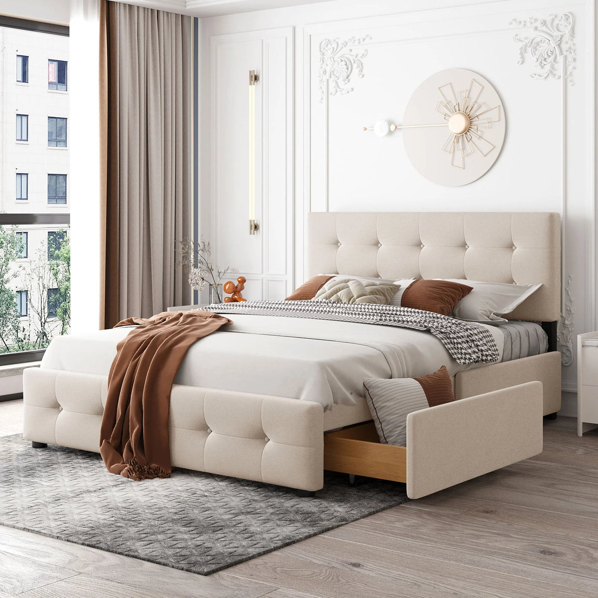Queen Size Platform Bed with 4 Drawers Beige O8326