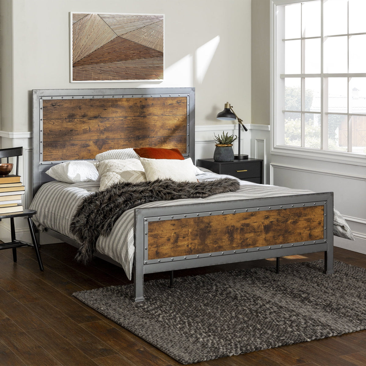 Queen Size Rustic Oak Bed F90898