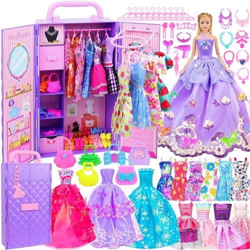 108 Pcs Doll Clothes and Accessories with Purple Doll Closet for 11.5 Inch Doll W80535