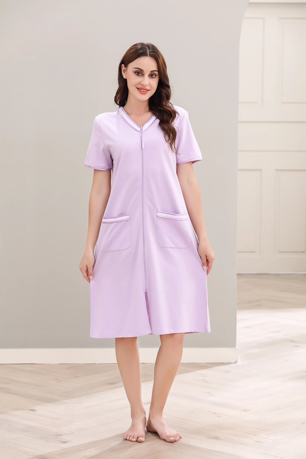 Women Short Sleeve Zipper Robe Q318