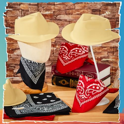 24 Pieces Felt Cowboy Hat Set with Paisley Bandanas T345864