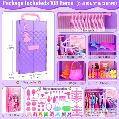 108 Pcs Doll Clothes and Accessories with Purple Doll Closet for 11.5 Inch Doll W80535