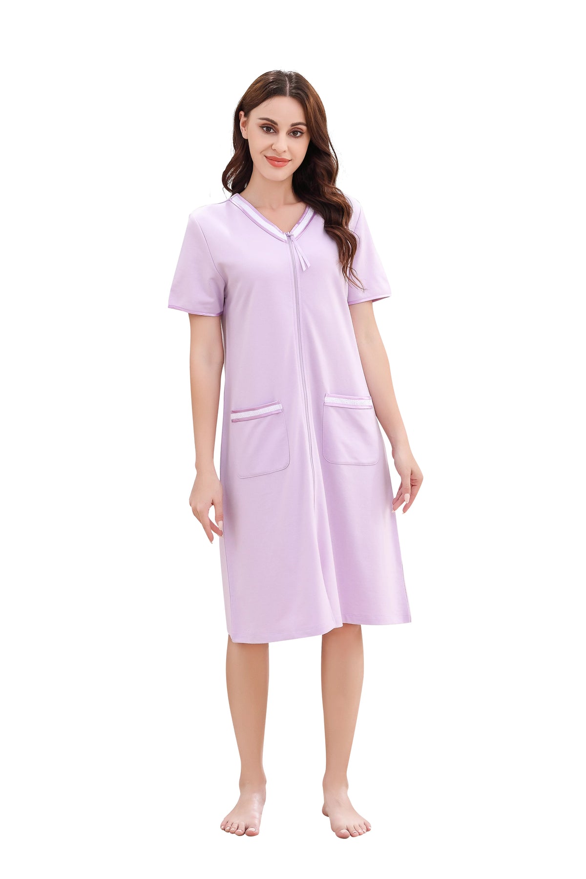 Women Short Sleeve Zipper Robe Q318