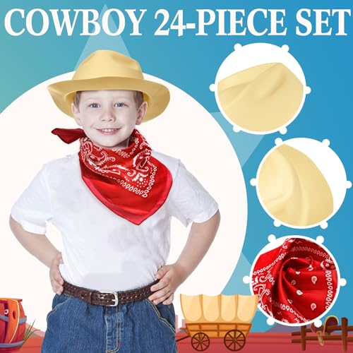 24 Pieces Felt Cowboy Hat Set with Paisley Bandanas T345864
