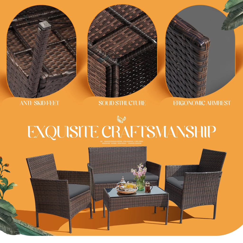 4 Pieces Brown PE Rattan Patio Conversation Set L324068